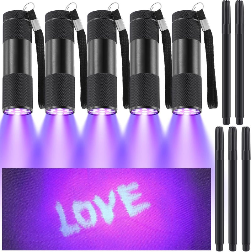Tegeme 10 Pcs Blacklight Pen Set 5 Invisible Ink Pen 5 Blacklight Flashlights, UV Pen Invisible Ink Marker Black Light Markers for Spy Secret Holiday Gift Party Favors(Classic) - Image 1